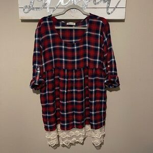 Tassels N Lace - Women’s quarter sleeve plaid baby doll top with lace trim